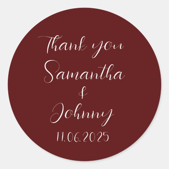 Sticker Rond Burgundy Calligraphy Elegant Couple Wedding (Devant)