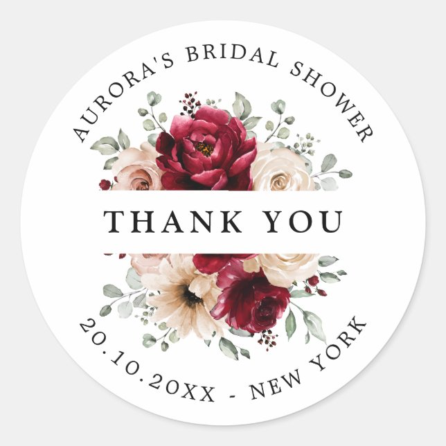Sticker Rond Burgundy Champagne Ivory Bride douche merci (Devant)