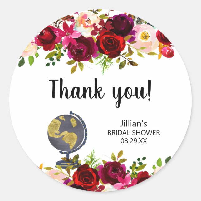 Sticker Rond Burgundy Floral Travel nuptiale merci (Devant)