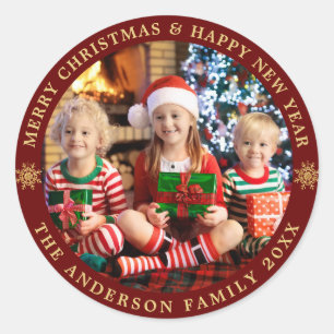 Sticker Rond Burgundy Gold Photo Joyeux Noël Holiday PHOTO