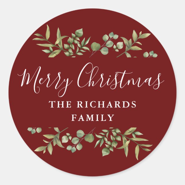 Sticker Rond Burgundy Greenery Joyeux Noël Nom de famille (Devant)