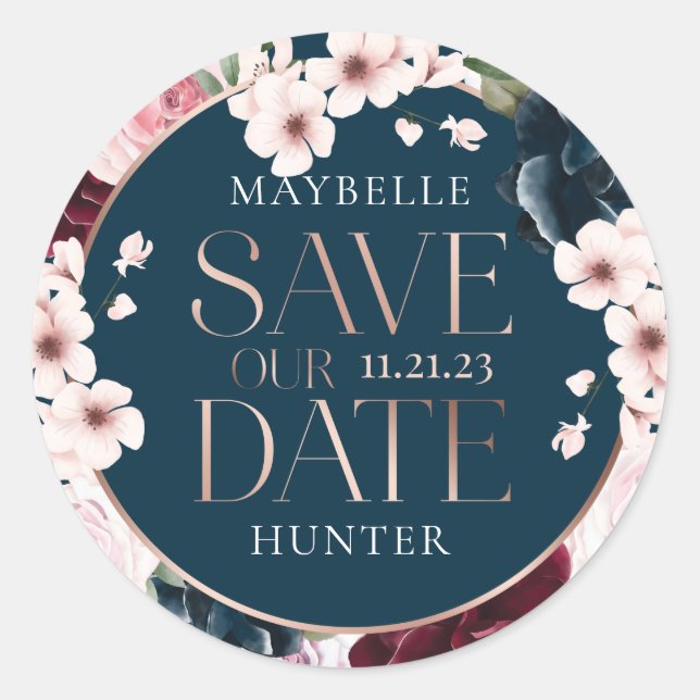 Sticker Rond Burgundy & Navy Aquarelles Florales Enregistrer La (Devant)