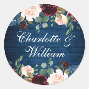 Sticker Rond Burgundy Navy Blue Blush Floral Watercolor Mariage