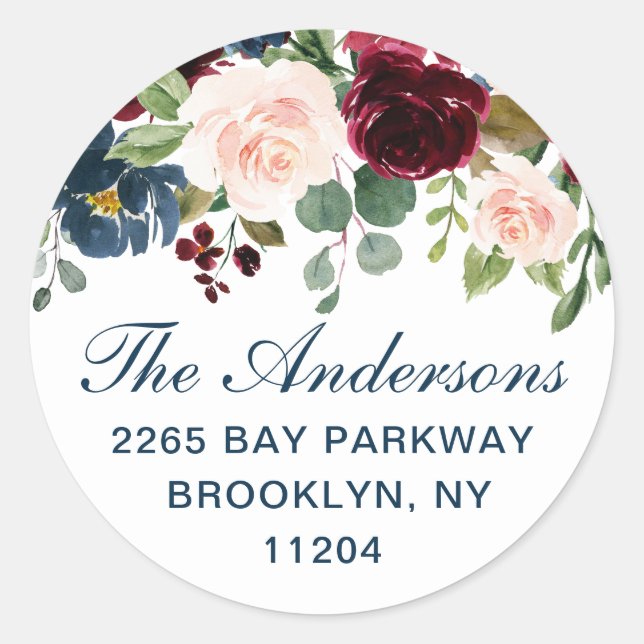 Sticker Rond Burgundy Navy Blush Floral Retour Adresse ÉTIQUETT (Devant)