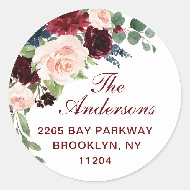 Sticker Rond Burgundy Navy Blush Floral Retour Adresse ÉTIQUETT (Devant)