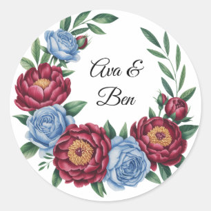Sticker Rond Burgundy Peony et Blue Rose Mariage