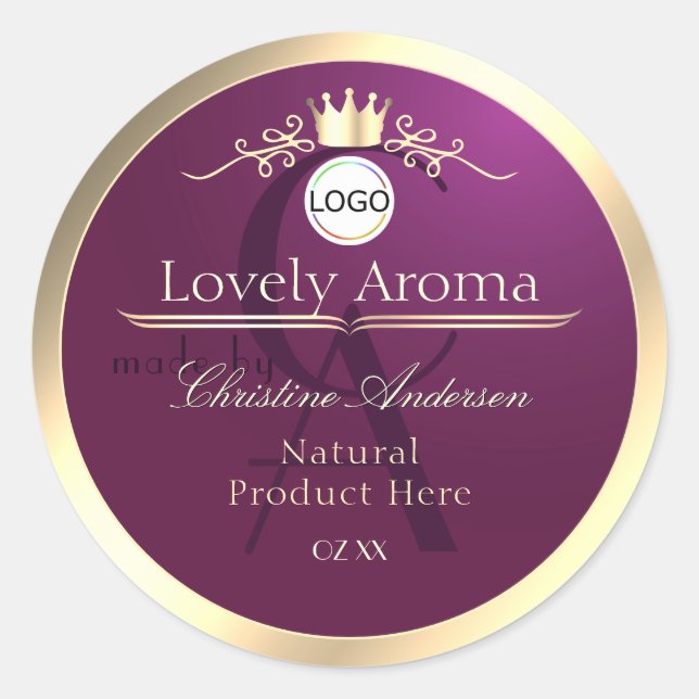 Sticker Rond Burgundy Product Label Gold Border Logo Monogram (Devant)