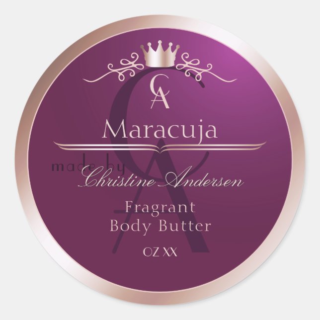 Sticker Rond Burgundy Product Label Rose Gold Frame Monogram (Devant)
