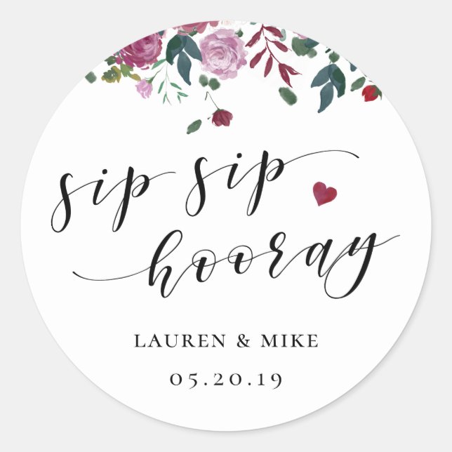 Sticker Rond Burgundy Red Blooms Sip Sip Hooray Mariage Favoris (Devant)