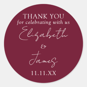 Sticker Rond Burgundy Rouge élégant Mariage de script Merci