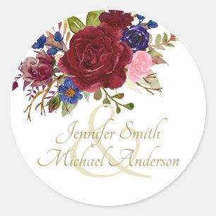 Sticker Rond Burgundy Royal Blue Roses Mariage