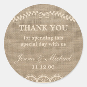 Sticker Rond Burlap et mariage de dentelle merci de favoriser a