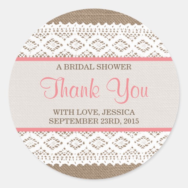 Sticker Rond Burlap rustique et Fête des mariées en dentelle bl (Devant)