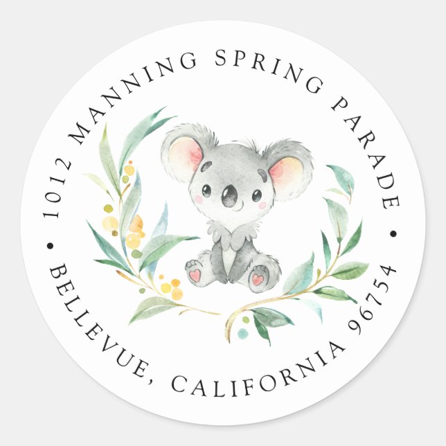 Sticker Rond Bush Baby Koala Adresse de retour (Devant)