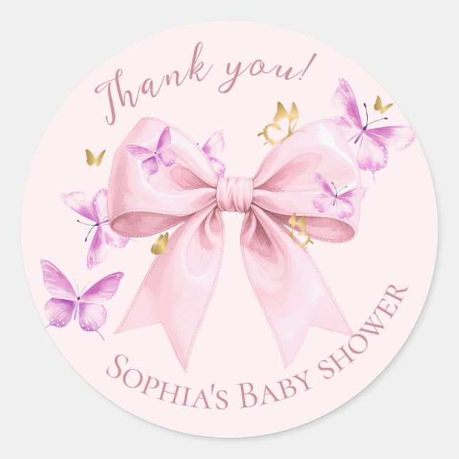 Sticker Rond Butterfly Pink Bow Baby Shower  (Devant)