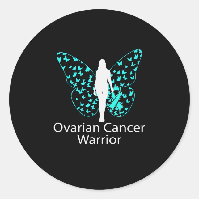 Sticker Rond Butterfly Teal Ribbon Ovarian Cancer Awareness (Devant)