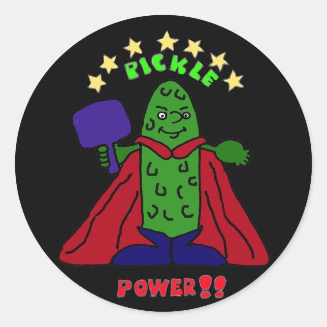 Sticker Rond BZ - Pickle Power Superhero Pickleball Cartoon (Devant)