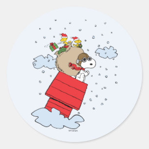 Sticker Rond cacahuètes Snoopy l'As Volant à Noël