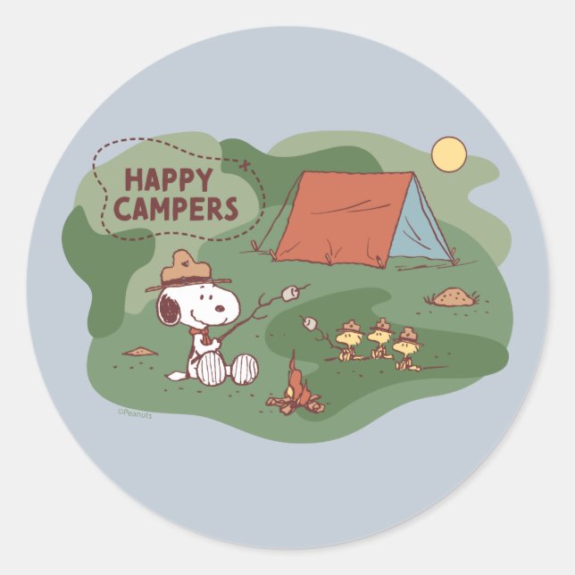 Sticker Rond cacahuètes | Snoopy & Woodstock Happy Campers (Devant)
