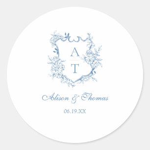 Sticker Rond Cachet de mariage à sceau vibrant bleu monogramme