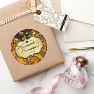 Sticker Rond Cachet de mariage Cœurs d'Or Roses et Papillons