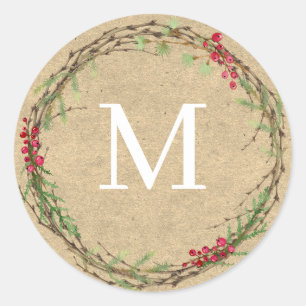 Sticker Rond Cachet de monogramme de couronne de Noël Kraft