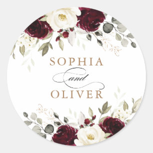 Sticker Rond Cachet d'enveloppe floral Bourgogne blanc verdure