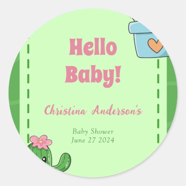 Sticker Rond Cactus Bonjour Baby shower Vert rose Gris (Devant)