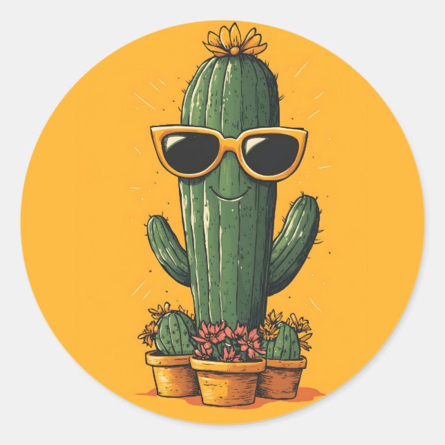 Sticker Rond Cactus cool avec lunettes de soleil et fleurs (Devant)