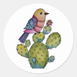 Sticker Rond Cactus Et Arc-En-Ciel En Aquarelle