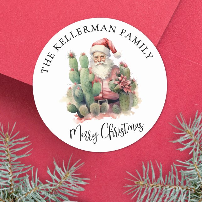 Sticker Rond Cactus Santa Christmas (Cactus Santa Merry Christmas Classic Round Sticker)