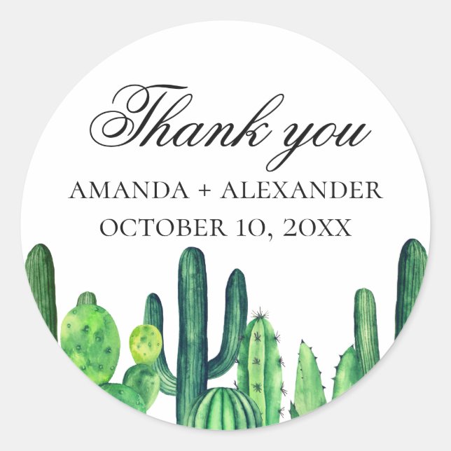Sticker Rond Cactus vert aquarelle. Cactus mariage merci (Devant)