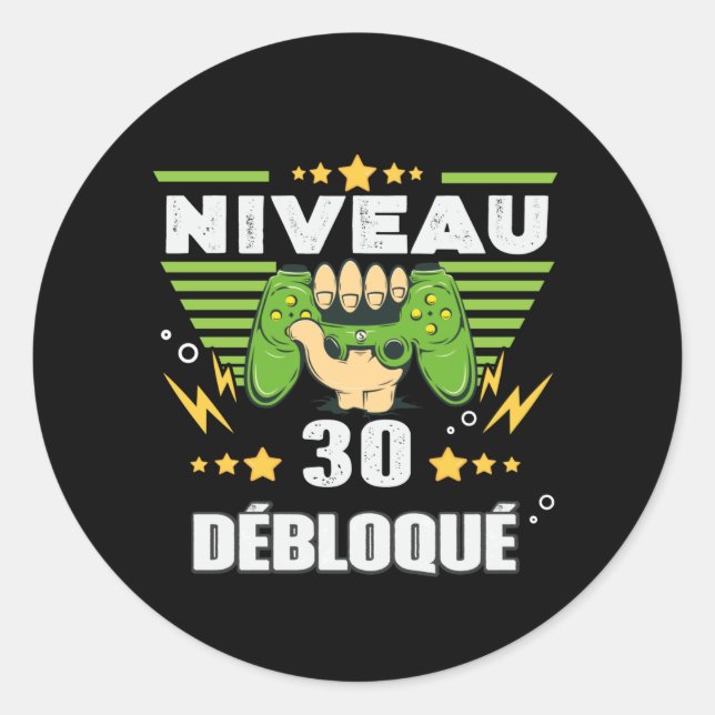 Sticker Rond Cadeau 30 ans Anniversaire Gamer Niveau 30 (Devant)