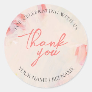 Sticker Rond Cadeau d'art floral abstrait rose et corail Merci