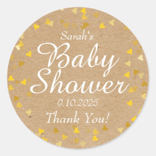 Sticker Rond Cadeau de Baby Shower Cœurs Dorés