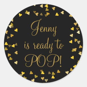 Sticker Rond Cadeau de Baby Shower Golden Hearts Elle est prête