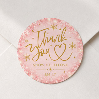 Sticker Rond Cadeau de Bébé d'Hiver Rose Flocon de Neige Merci