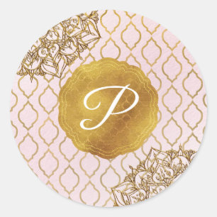 Sticker Rond Cadeau de mariage à monogramme Glam marocain rose 