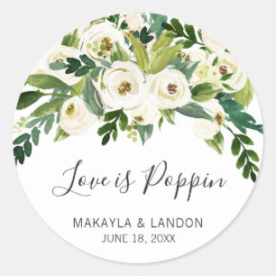 Sticker Rond Cadeau de mariage élégant floral blanc Love Is Pop