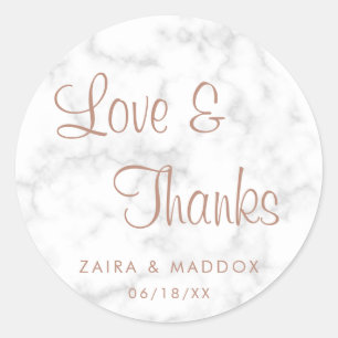 Sticker Rond Cadeau de mariage en marbre rose or Love and Thank
