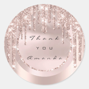 Sticker Rond Cadeau de Mariage Merci Nom Drips Rose Paillettes