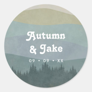 Sticker Rond Cadeau de mariage Montagnes et Forêt Rétro Bleu