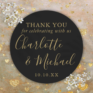 Sticker Rond Cadeau de mariage noir et or avec signature remerc