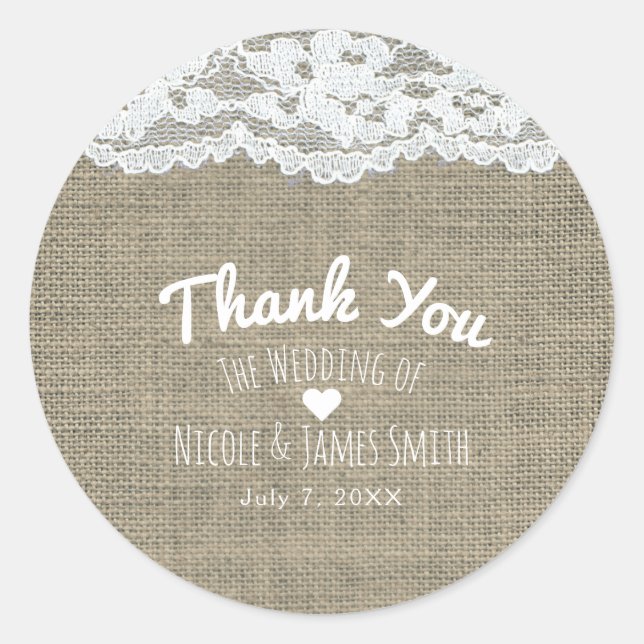 Sticker Rond Cadeau de mariage simple rustique élégant Burlap & (Devant)