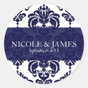 Sticker Rond Cadeau de mariage vintage bleu marine blanc damass