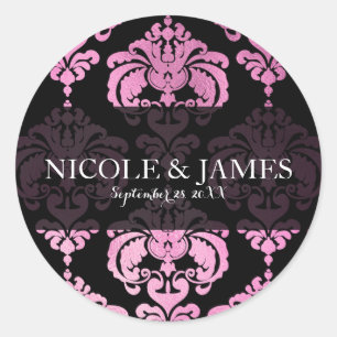 Sticker Rond Cadeau de mariage vintage damassé noir rose pour é