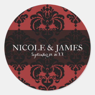 Sticker Rond Cadeau de mariage vintage damassé noir rouge
