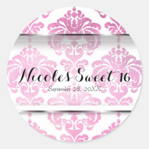 Sticker Rond Cadeau de mariage vintage glamour damas rose