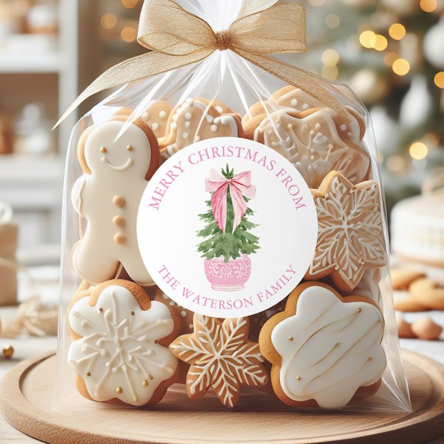 Sticker Rond Cadeau de Noël Arbre de Noël de la boîte rose (Créateur téléchargé)