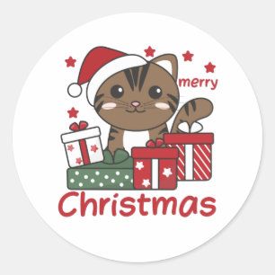 Sticker Rond Cadeau de Noël Chat Animaux d'hiver Chats